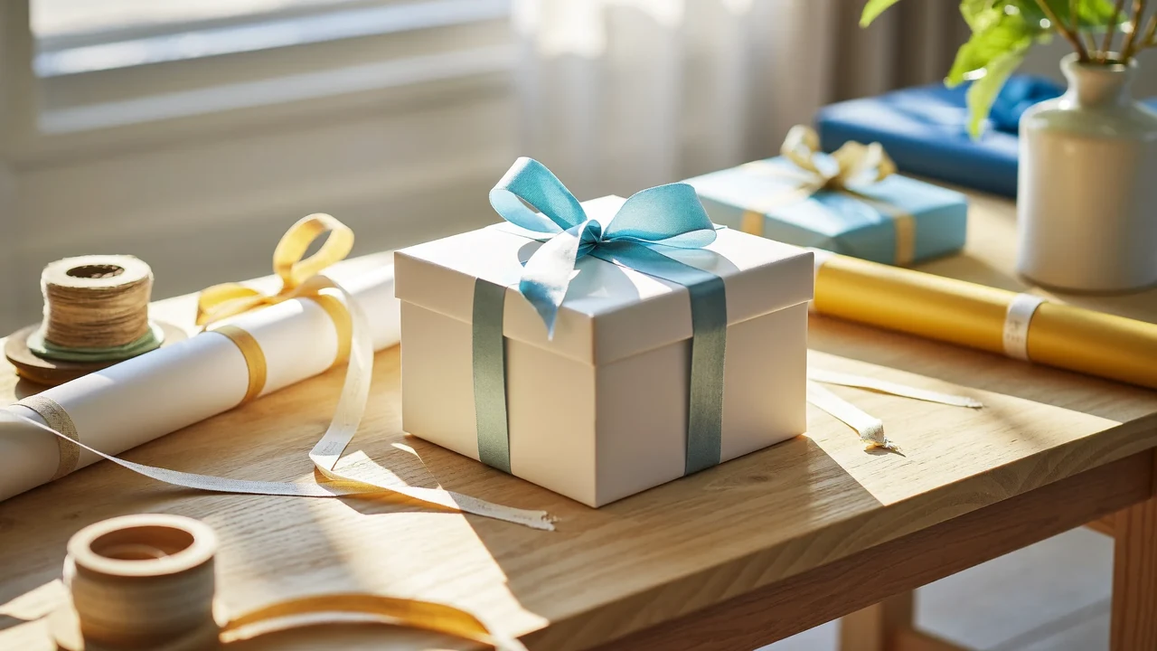 Heller Holztisch mit Geschenkpapierrollen, Bändern und einer Schachtel im Tageslicht