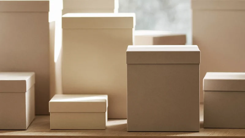 Schlichte matte Geschenkboxen mit Deckel, gestapelt auf einem hellen Holzregal