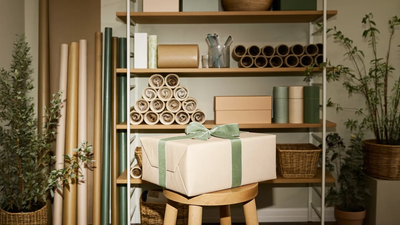 Ordentliche Packecke mit Regalen für Papier und Boxen sowie einem fertig verpackten Geschenk